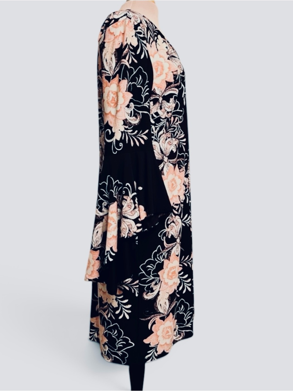 MSK Black/Pink Floral Midi Dress with Flowy Bell Sleeves - Picture 6 of 8